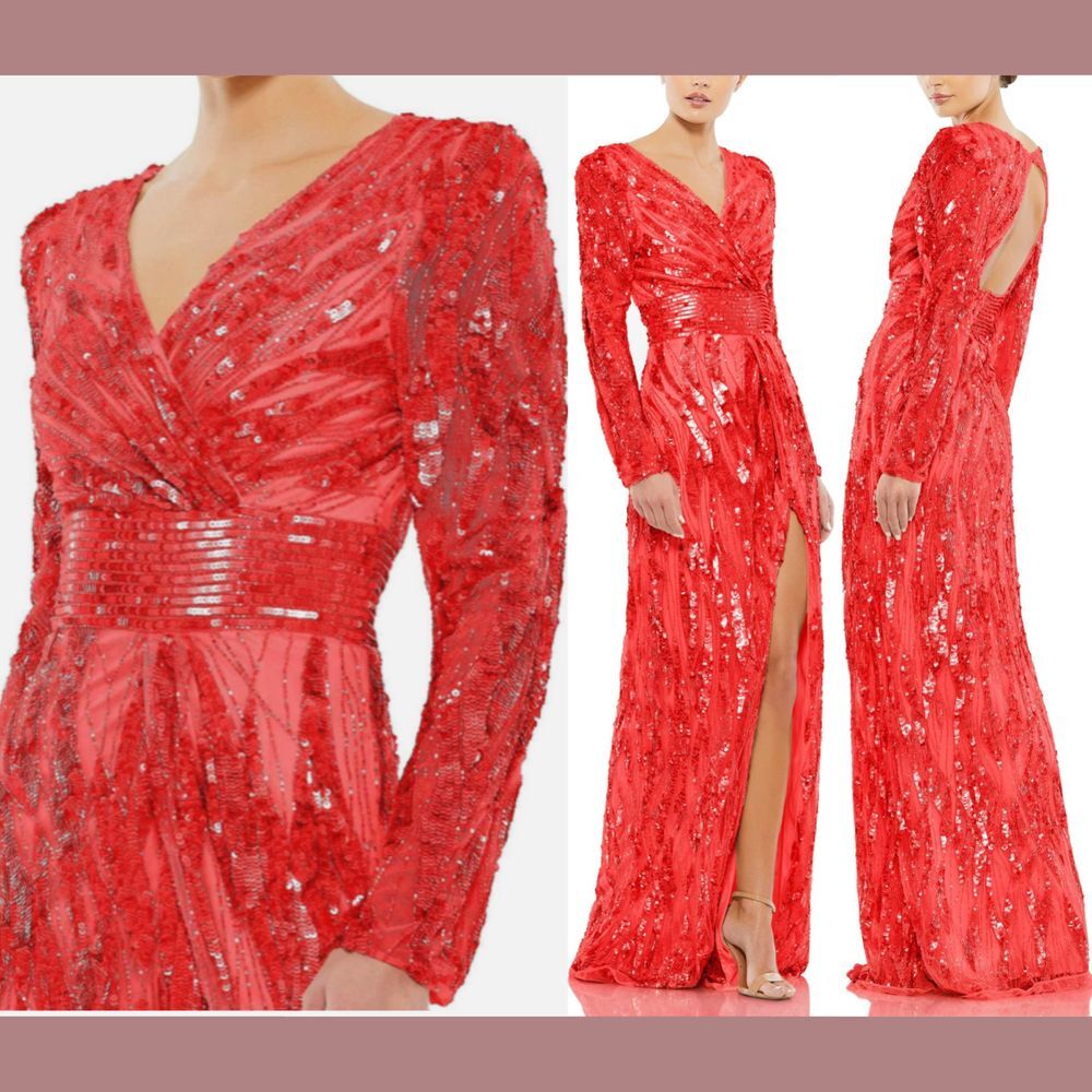 NWT $598 Mac Duggal‎ [ 16 ] Embellished Long Sleeve Open Back Gown 4635 Red J142